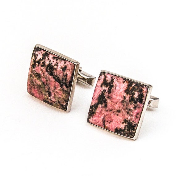 Large Square Rhodonite Cufflinks Sterling Silver