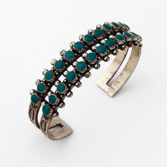 Tribal Double Row Turquoise Cuff Bracelet Sterling Silver