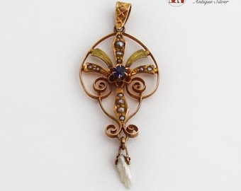 Colgante Art Nouveau Lavalier 14K Ala de ángel Perla Semilla Perla Zafiro 14K Oro
