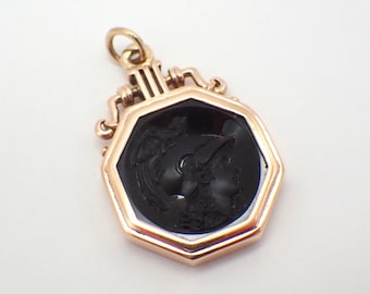 Victorian Fob Pendant Onyx Intaglio 14K Rose Gold