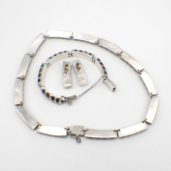 Mexican Modernist Jewelry Set Gem Inlay Sterling … - image 4