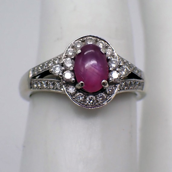 Pink Star Sapphire Halo Ring Diamonds 14K White G… - image 2