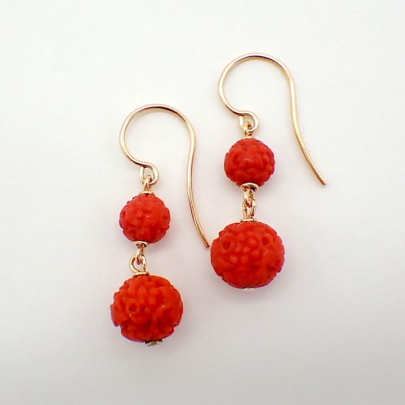Carved Red Coral Bead Drop Earrings 14K Yellow Gold Etsy Australia