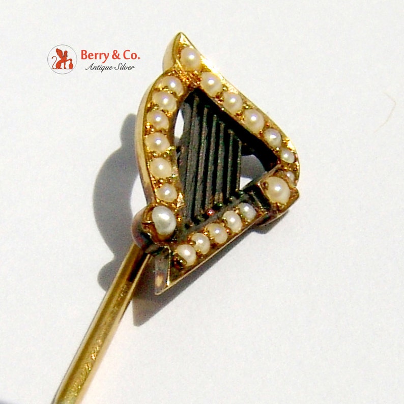 Antique Victorian Seed Pearl 14K Yellow Gold Harp Decorated Gentlemans Stick Pin