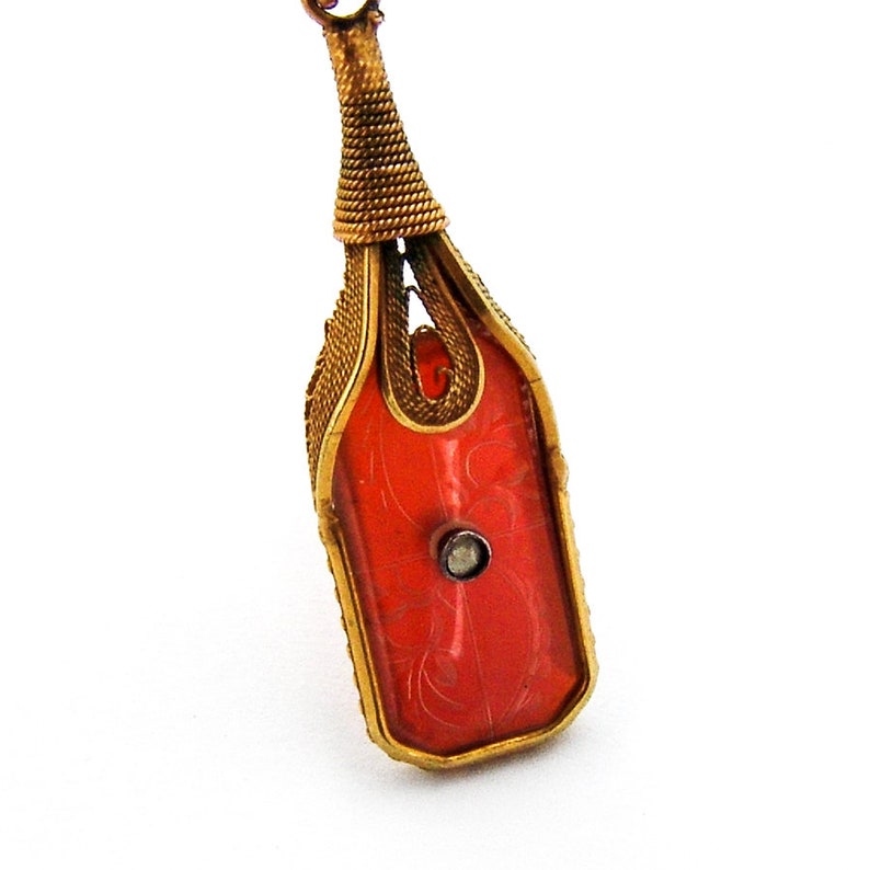 Carnelian Carved Crystal Necklace Ornate 10K Yellow Gold Filigree Linked Chain 1910 image 4