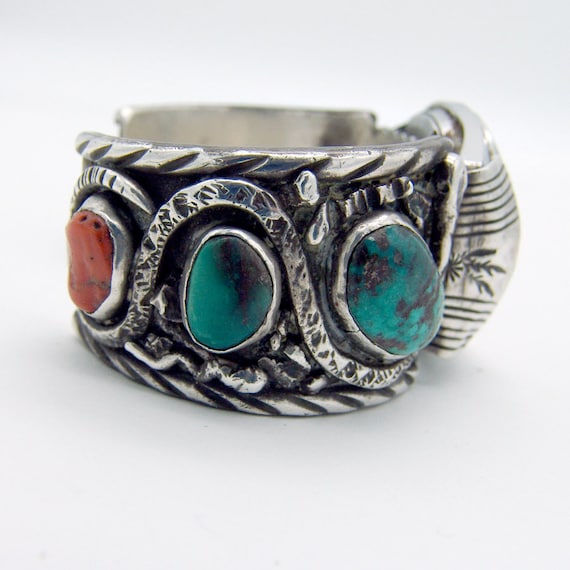 Navajo Watch Cuff Bracelet Sterling Silver Turquoise Coral  display picture 1