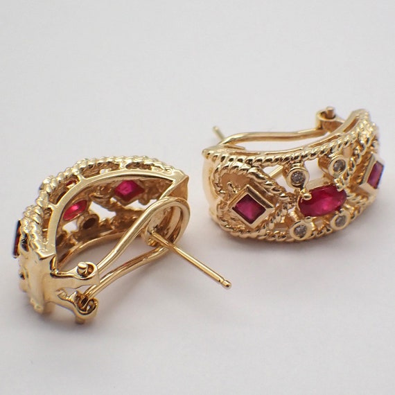 Open Work Ruby Diamond Earrings 14K Gold - image 2