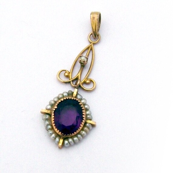 Amethyst Lavaliere Pendant Seed Pearls 10K Gold