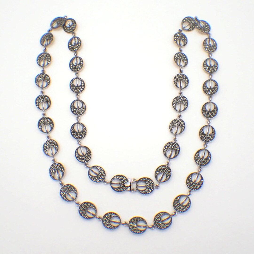 Round Link Chain Necklace Sterling Silver Marcasite Stones Etsy