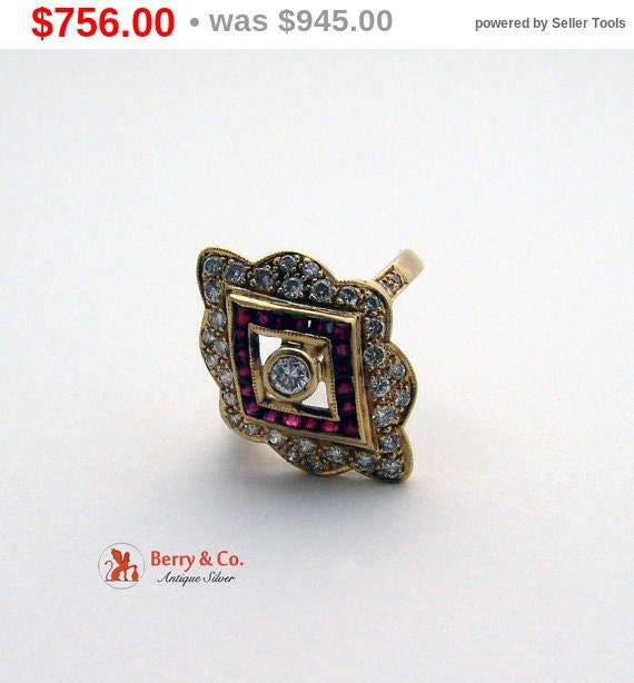 Ornate Long 14 K Yellow Gold Diamond Ruby Ring - image 1