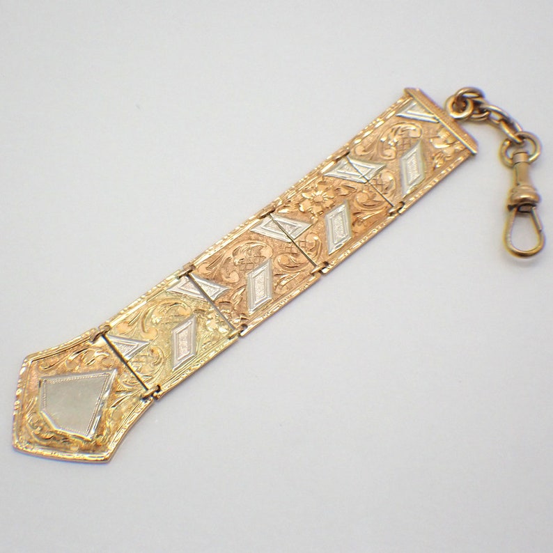 Ornate Panel Link Watch Fob Two Tone 14K Gold image 3