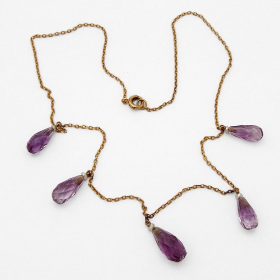 Amethyst Briolette Chain Necklace 14K Yellow Gold… - image 1