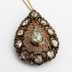 Georgian Teardrop Pendant Rose Cut Diamonds Silver 18K Gold