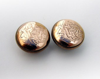 Antique Round Buttons Pair Engraved Monogram Gold Filled 1890