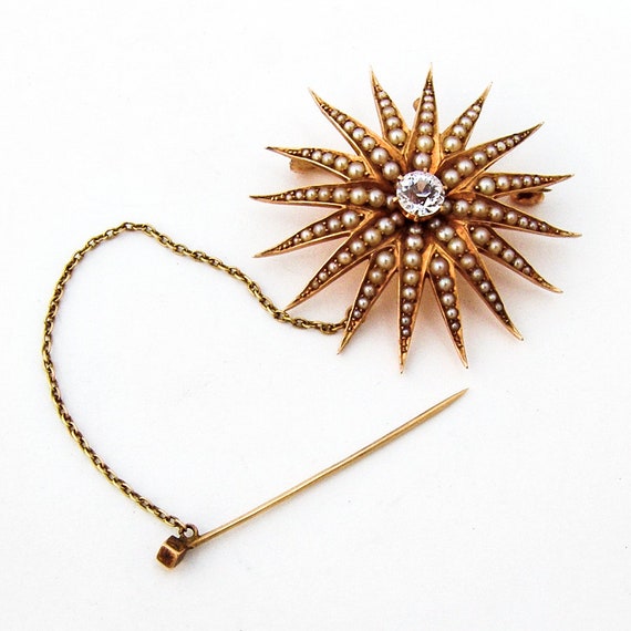 Victorian Sunburst Brooch Pendant Seed Pearls 14 … - image 1
