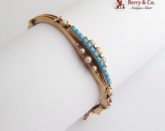 Vintage Victorian Bangle Bracelet Turquoise Seed Pearls 14 K Gold