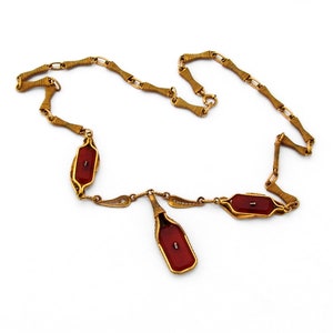 Carnelian Carved Crystal Necklace Ornate 10K Yellow Gold Filigree Linked Chain 1910 image 3