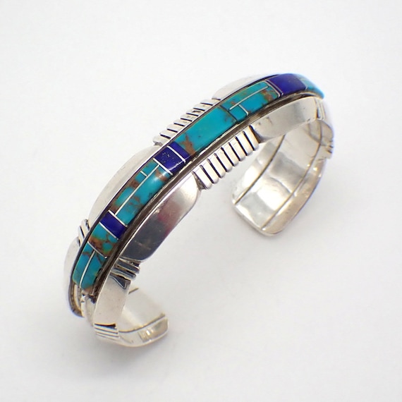 LYNCH SILVERSMITH“TURQUOISE SCALE CUFFS” Blue Ridge Turquoise Oval Stamped Sterling Cuff | Head West