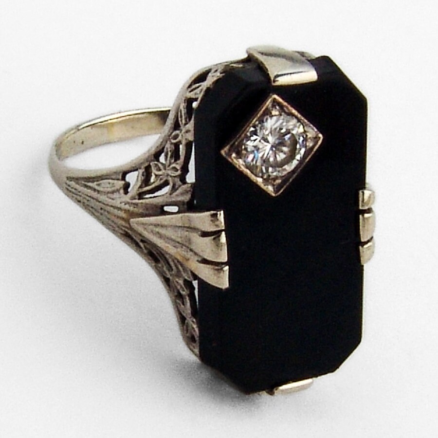 Long Onyx Ring 14K White Gold Diamond Accent