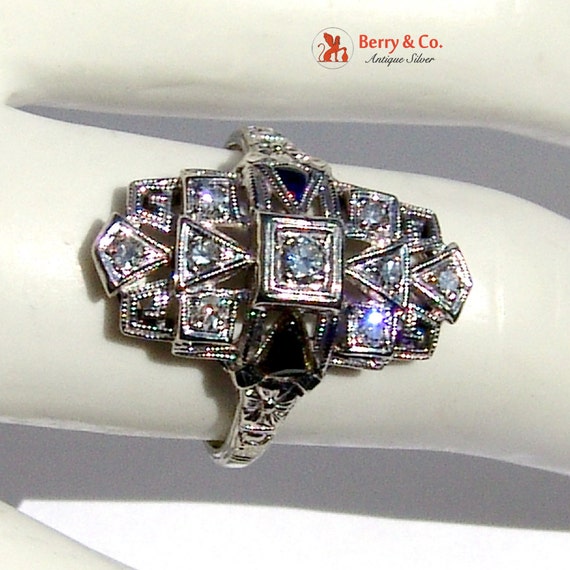 Art Deco Cocktail Ring Diamonds Sapphires 18 K Wh… - image 3