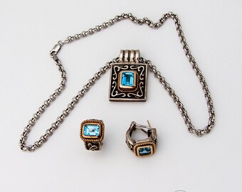 Rectangular Pendant Necklace Earrings Sterling Topaz 14K Gold