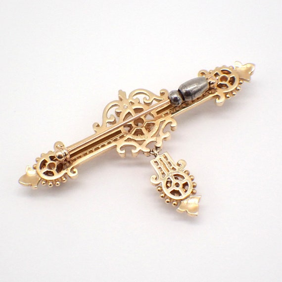 Ornate Bar Pin Brooch Diamonds 14K Gold - image 3