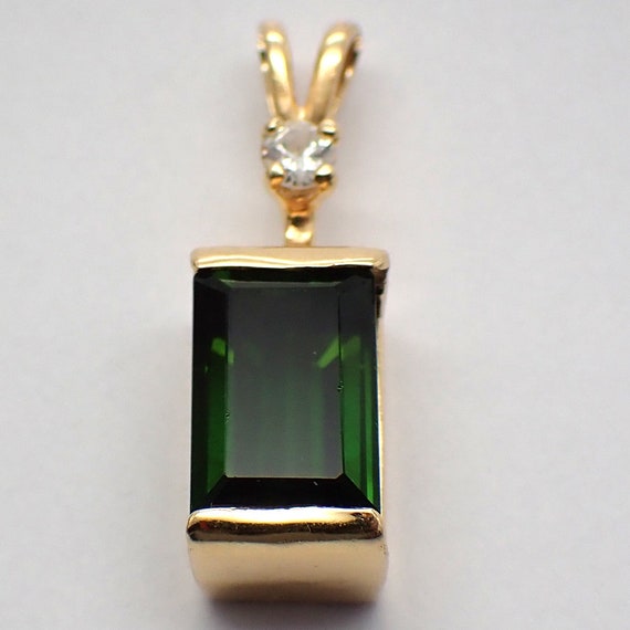 Green Tourmaline Pendant 14K Gold Diamond Accent - image 1