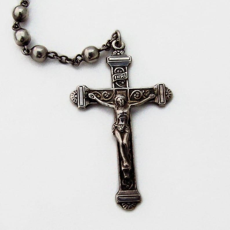 Crucifix Cross Rosary Necklace Sterling Silver