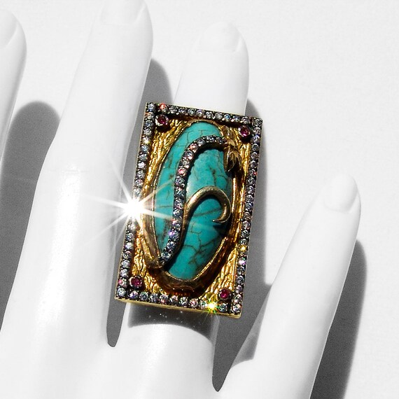 Large Rectangular Cocktail Ring Turquoise Gilt St… - image 2