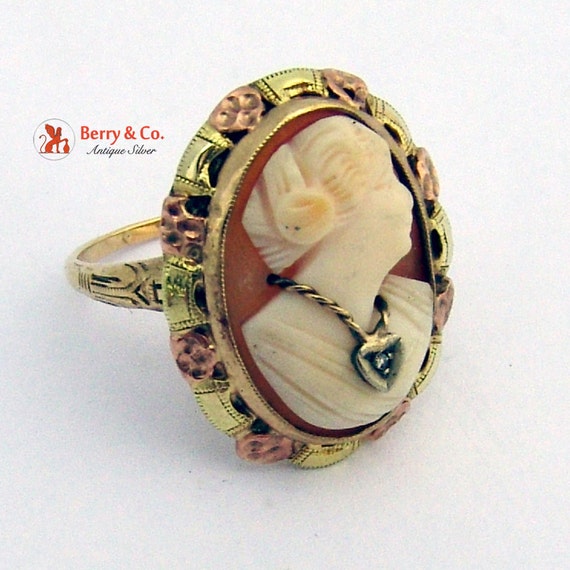 Antique Shell Cameo Ring Rose and Green Gold