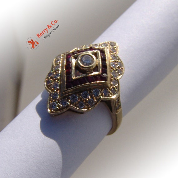 Ornate Long 14 K Yellow Gold Diamond Ruby Ring - image 3