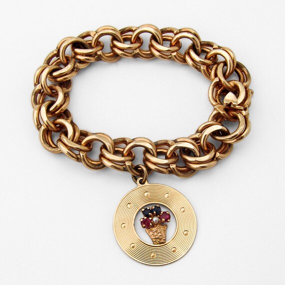 Chunky Chain Bracelet Large Charm 14K Gold Gemston