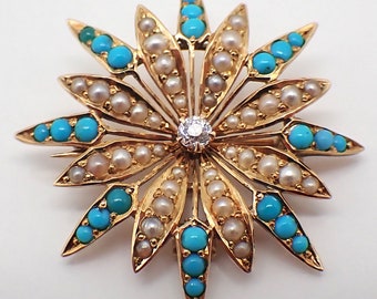 Starburst Brooch Pendant Diamond Accent Seed Pearls Turquoise 14K Gold