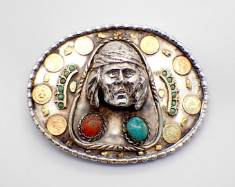 Navajo Belt Buckle Indian Chief Sterling Silver Gold Nuggets Gems