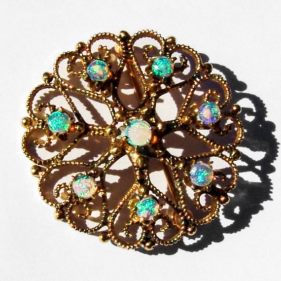 Openwork Brooch Water Opal 14K Yellow Gold - image 2