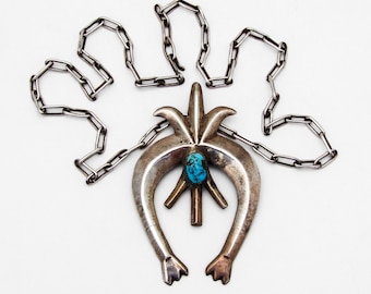 Navajo Naja Pendant Necklace Sandcast Sterling Silver Turquoise