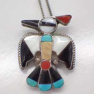 Zuni Bird Pendant Brooch Stone Inlay Sterling Silver