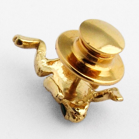 Frog Form Tie Tack Pin 14K Gold Emerald Eyes Gem
