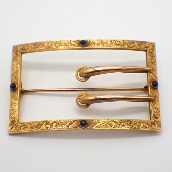 Antique Buckle Form Brooch 14K Gold Sapphire Cabo… - image 2