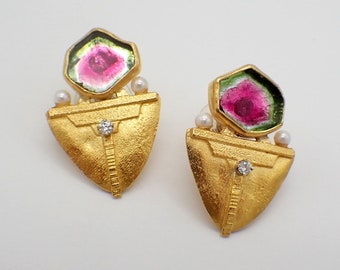 Artisan Earrings 22K Gold Watermelon Tourmaline Diamond Pearl