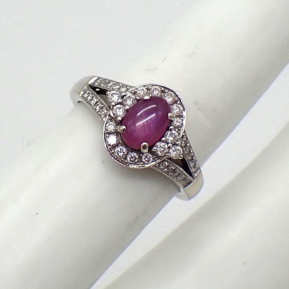 Pink Star Sapphire Halo Ring Diamonds 14K White Gold
