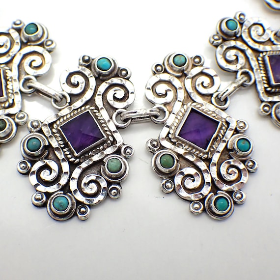 Ornate Necklace Amethyst and Turquoise Decorations Sterling Silver Mexico View 2