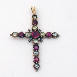 Georgian Cross Pendant Rose Cut Diamonds Rubies 14 K Gold