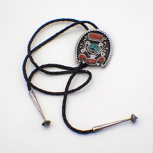 Navajo Ornate Bolo Tie Turquoise Coral Sterling Silver
