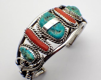 Navajo Cuff Bracelet Turquoise Coral Sterling Silver