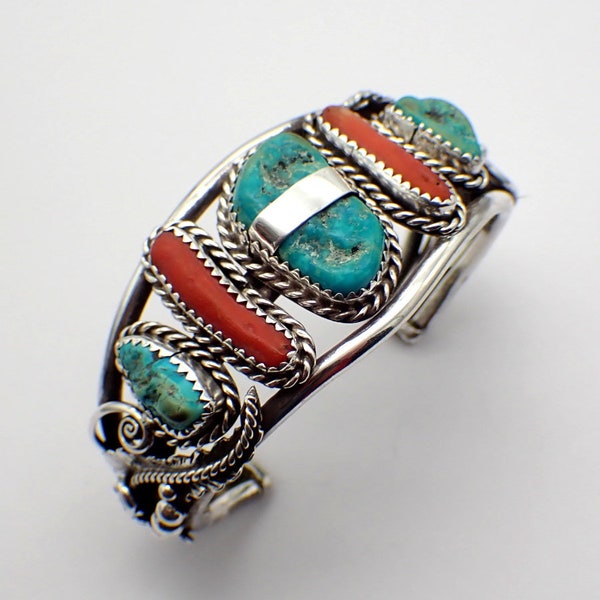 Navajo Cuff Bracelet Turquoise Coral Sterling Silver