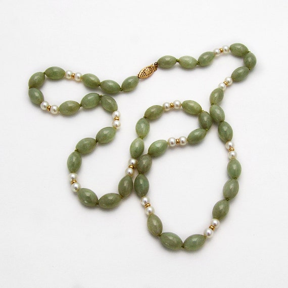 Pale Green Jadeite Jade Necklace Cultured Pearls … - image 1