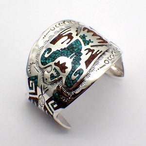 Navajo Cuff Bracelet Eagle Design Inlaid Stones Sterling Silver