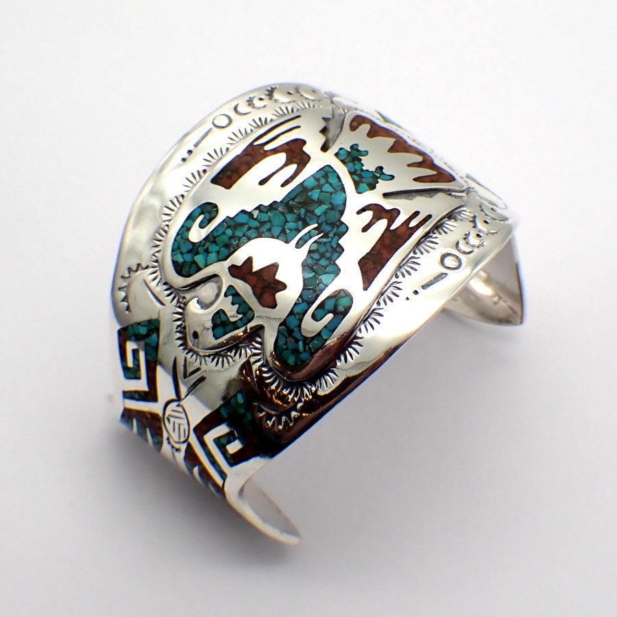 Navajo Cuff Bracelet Eagle Design Inlaid Stones Sterling