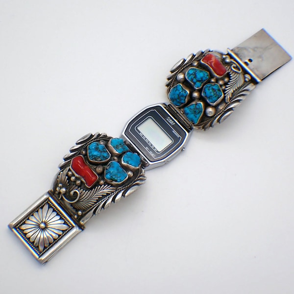 Navajo Watch Bracelet Sterling Silver Turquoise Coral Timex Watch